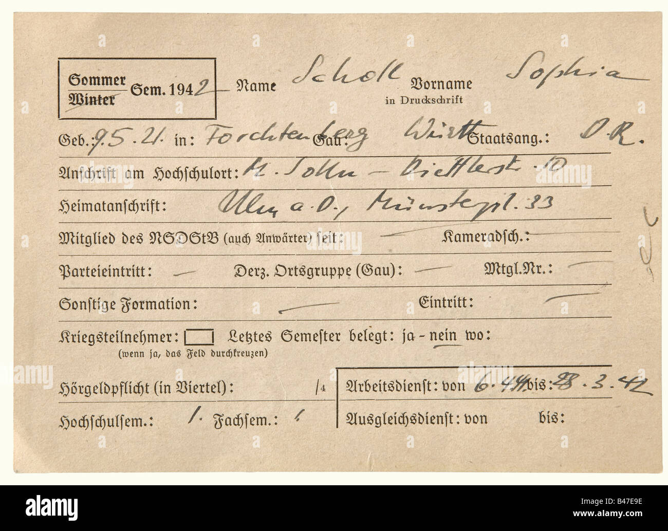 Sophie Scholl - Karte mit der Gruppe der Studienfächer für die Immatrikulation an der Universität München zum Sommersemester 1942., Papppapier 10,5 x 15 cm. Handschriftlich ausgefüllt mit dunkler Tinte, Fachkombination Naturwissenschaft - Biologie und Kulturwissenschaft - Philosophie. Parteimitgliedschaften sind als nicht exisitant gekennzeichnet, nach eigenen Angaben war sie vom 6. April 1941 bis 28. März 1942 im Arbeitsdienst. Zusätzlich zwei Grußkarten der Organisation Der Opfer des Faschismus, München, undatiert, beide von der ersten unterzeichnet, Stockfoto