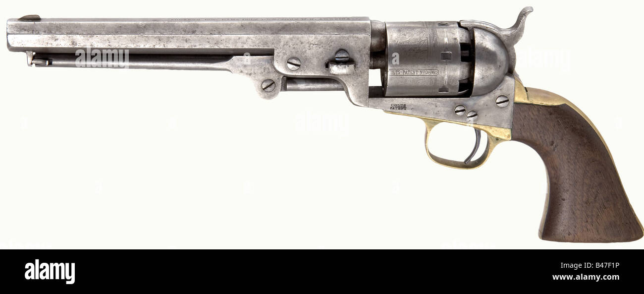 Ein Colt-Revolver der Marine des Modells von 1850, Kaliber .36. Nummer 119383 (Herstellungsjahr von 1862). 7 1/2-Zoll-Zylinder mit der werksseitigen Aufschrift "Address Col. Saml. Colt New York USA". Sechsschusszylinder mit gut erhaltener Szene einer Seeschlacht. Der Rahmen weist Reste von Farbkoffer auf. Griffrahmen aus Messing mit Nussgriffplatten. Metallteile haben eine graue Patina, mit leichten Resten von Bläuling. Länge 33 cm. Historische, historische, historische, zivile Handfeuerwaffe, zivile Handfeuerwaffen, Handfeuerwaffen, Handfeuerwaffen, Pistolen, Waffen, Feuerwaffen, Feuerwaffen, Feuer, Stockfoto