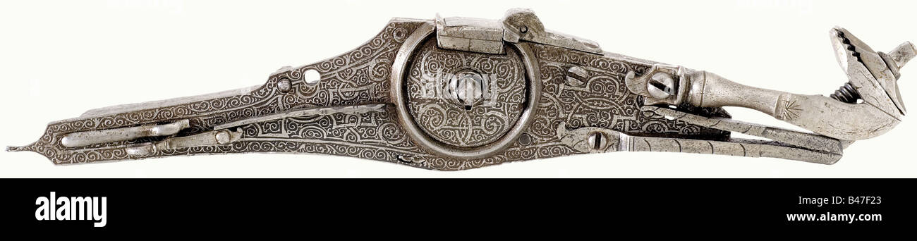 Eine herrliche geätzt Wheellock, Augsburg(?), circa 1565. Schlossdeckel Platte und Rad haben ungewöhnlich gut erhaltenes ornamentalen relief Stockfoto