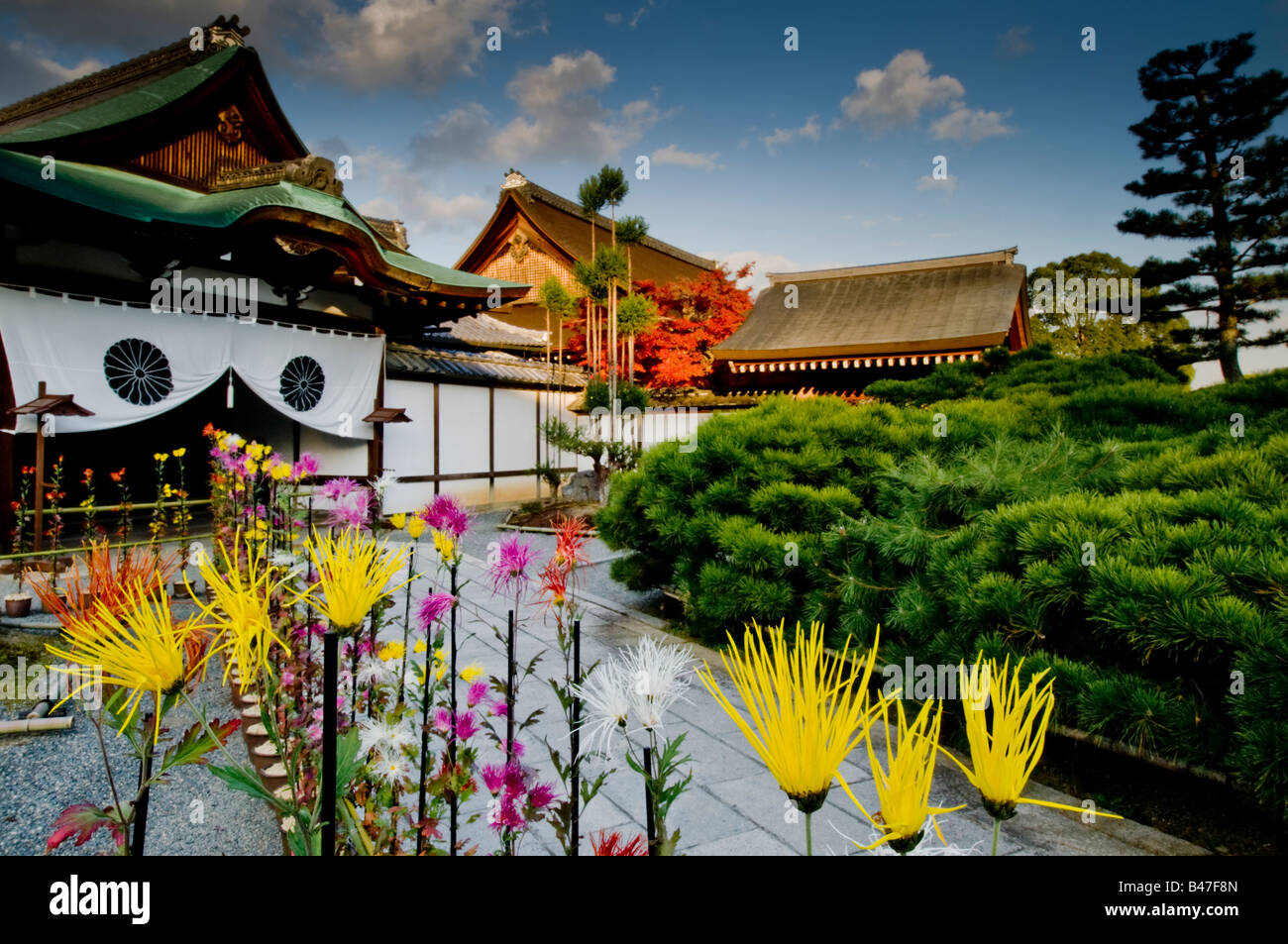 Japan Kyoto-Arashiayama Daikaku-Ji-Tempel-Blick auf den Eingang mit Blumen Stockfoto