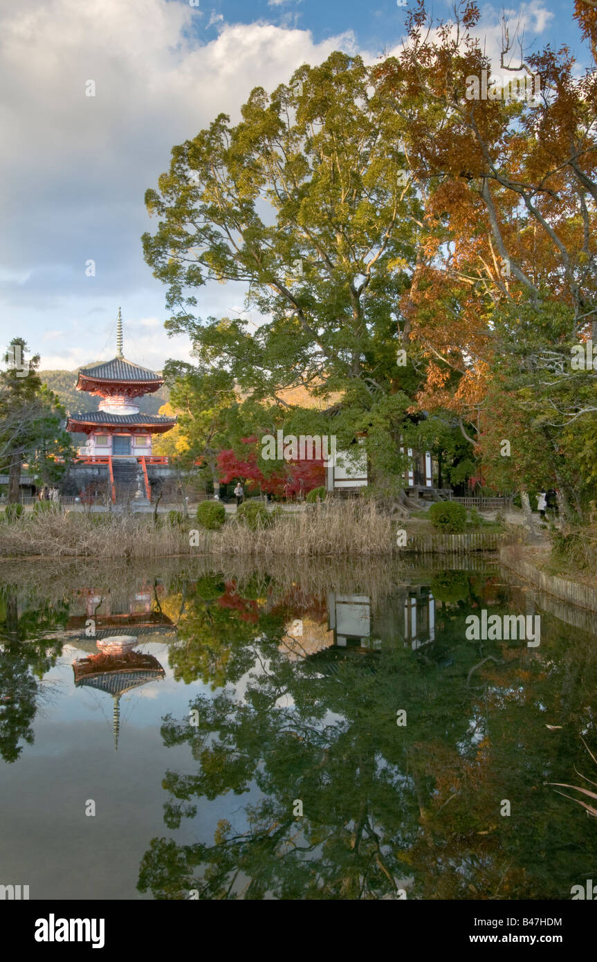 Japan-Kyoto-Arashiayama-Daikaku-Ji-Tempel-Osawa keine Ike Teich Ansicht der Pagode in Wasser reflektiert Stockfoto