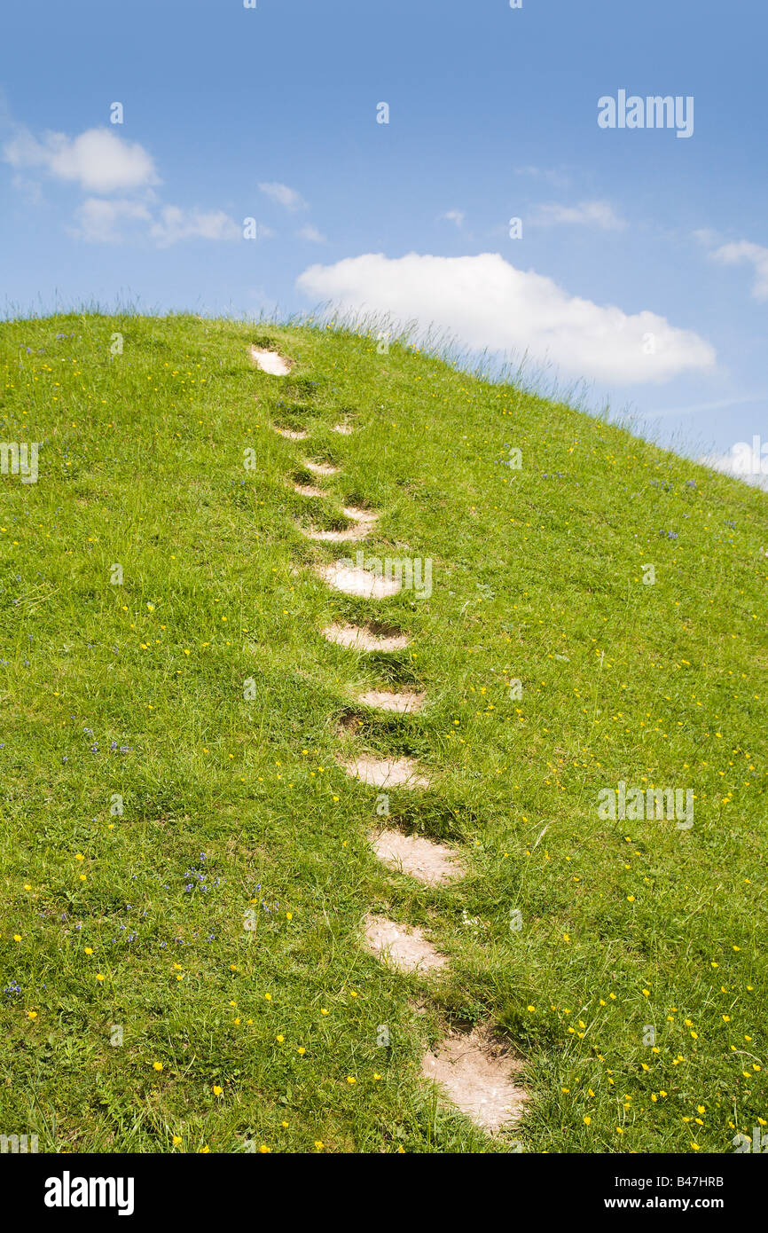 Natürlichen Schritte in einem grasbewachsenen Hügel durch jahrelange Abnutzung gebildet. Dorset Landschaft. VEREINIGTES KÖNIGREICH. Stockfoto