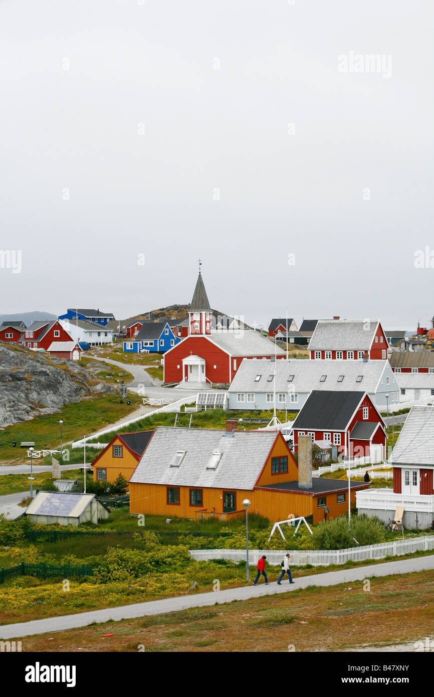 Aug 2008 - Blick über Häuser und Frelsers Kirke unser Erlöser Kirche in der Kolonihavn-Nuuk-Grönland Stockfoto