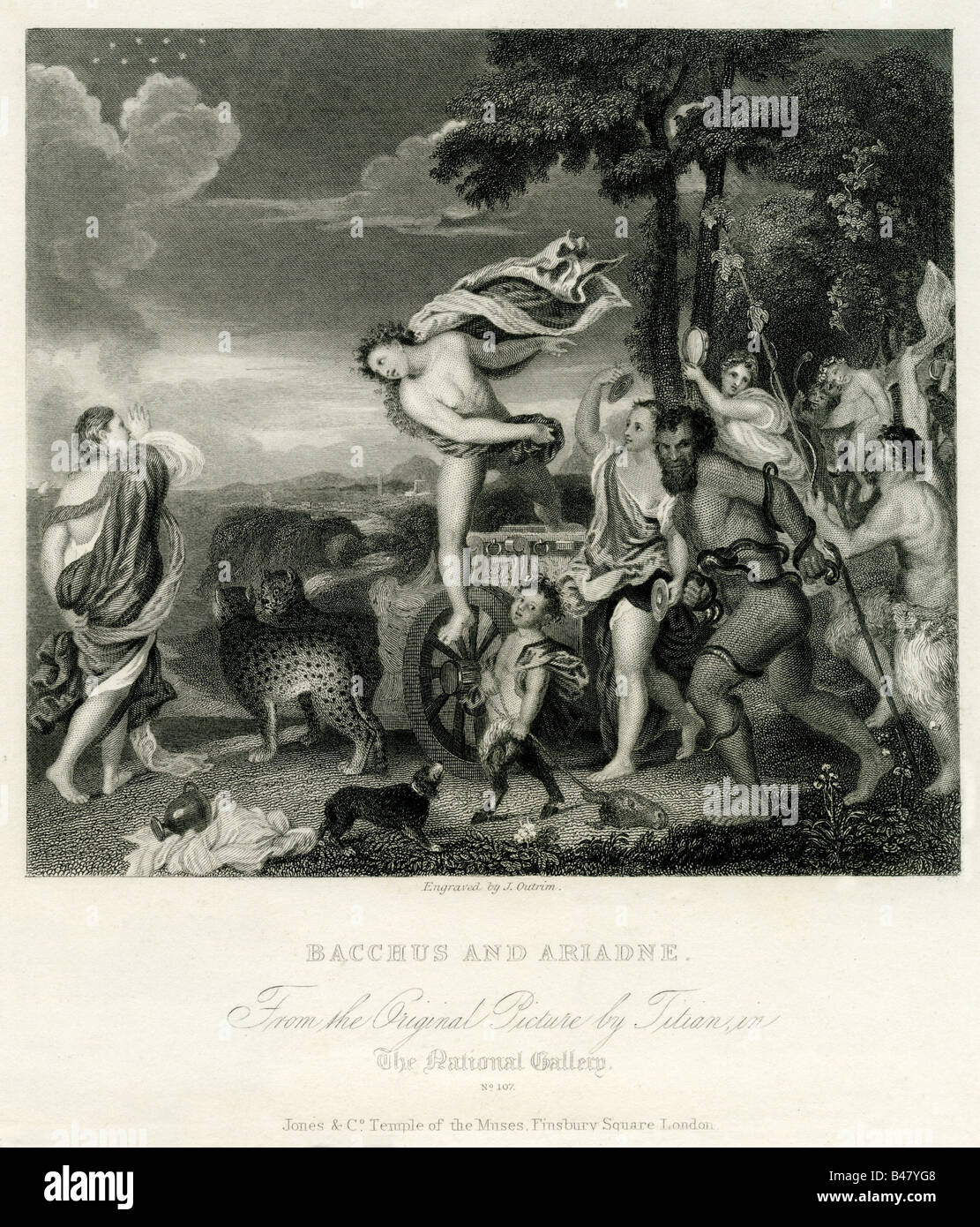 Dionysos, der griechische Gott des Weines, mit Ariadne, Kupferstich von J.Outrim, 19. Jahrhundert, nach dem Lackieren von Tiziano Vecellio (ca. 1480-1576), volle Länge, Artist's Urheberrecht nicht gelöscht werden Stockfoto