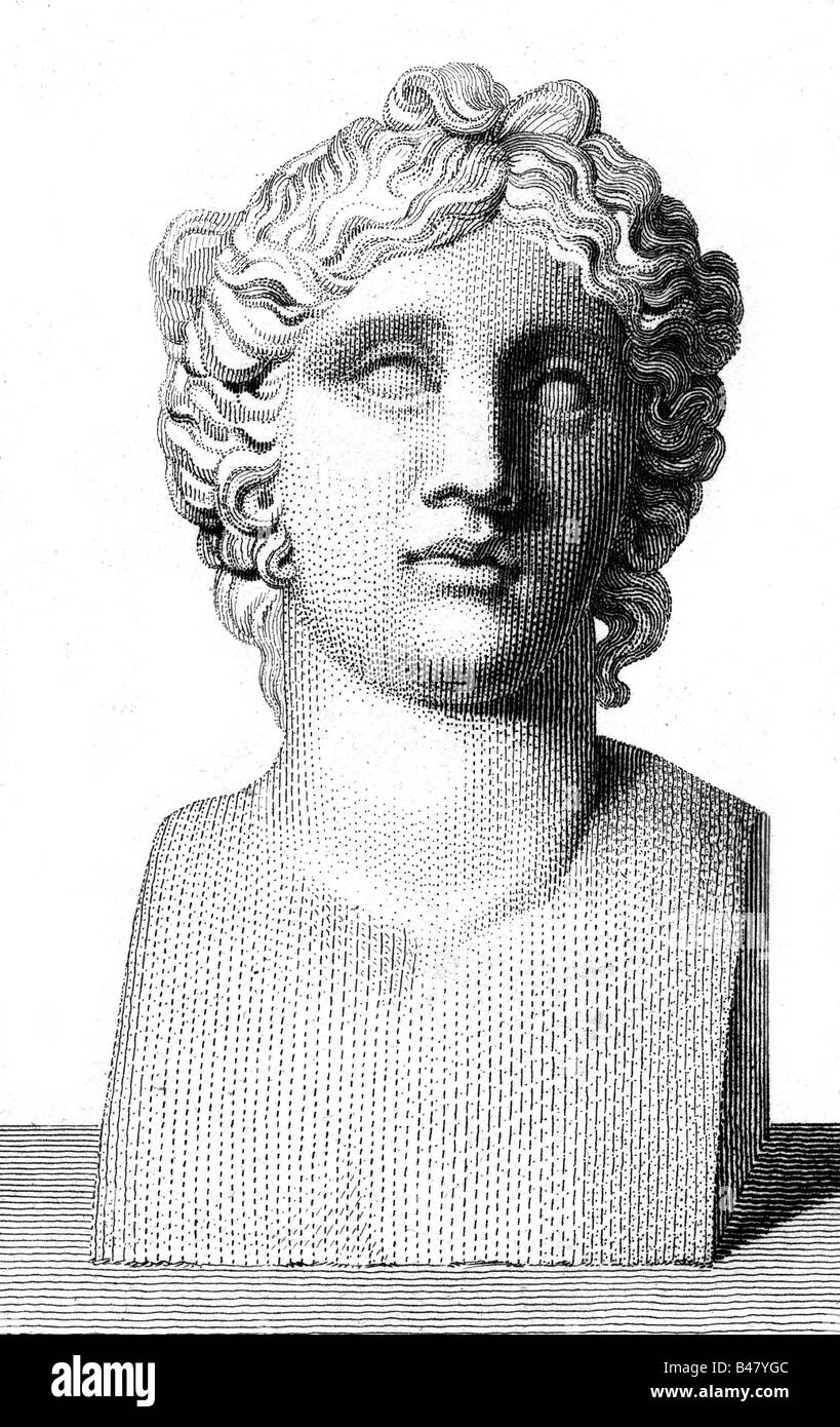 Dionysos (lateinisch Bacchus), Griechischer Gott des Weines, Porträt, Kupferstich, durch Boutrois, nach alten Büste, Jahrhundert, Artist's Urheberrecht nicht gelöscht werden Stockfoto