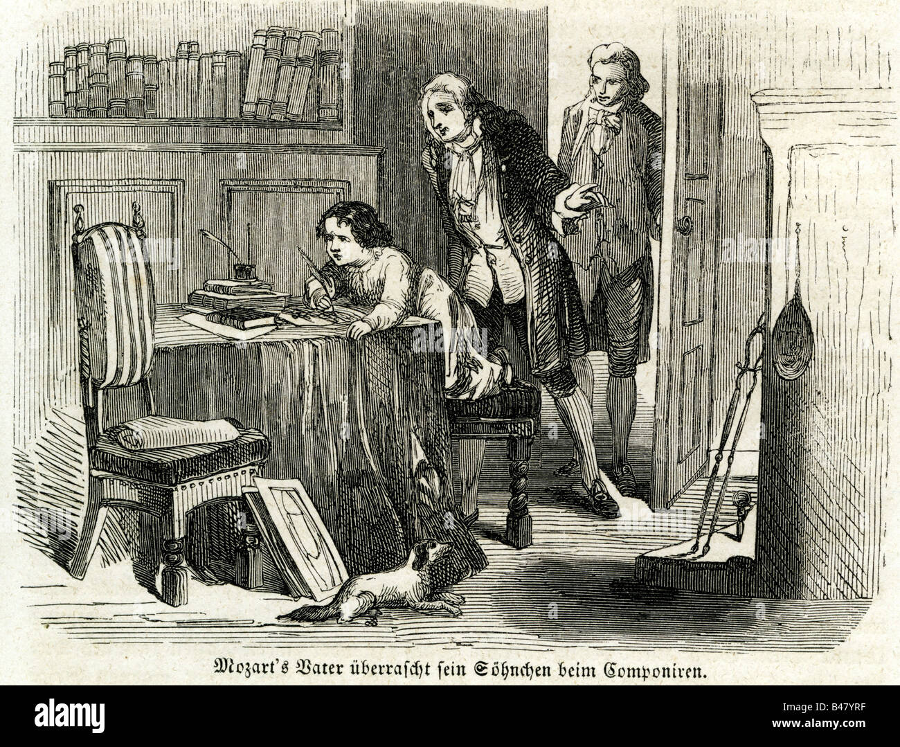 Mozart, Wolfgang Amadeus, 27.1.176 - 5.12.1701, österreichischer Komponist, wird von seinem Vater Leopolds, Holzgravur, 1860, komponiert. Stockfoto