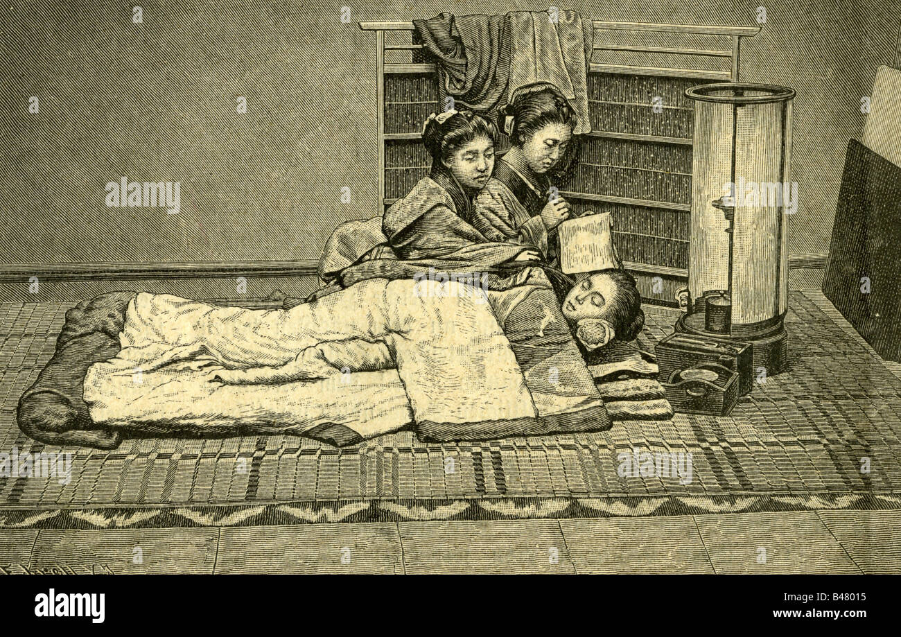 Geographie/Reisen, Japan, Leute, Familie, Mutter zum Schlafengehen, Gravur, 1886/2, Stockfoto