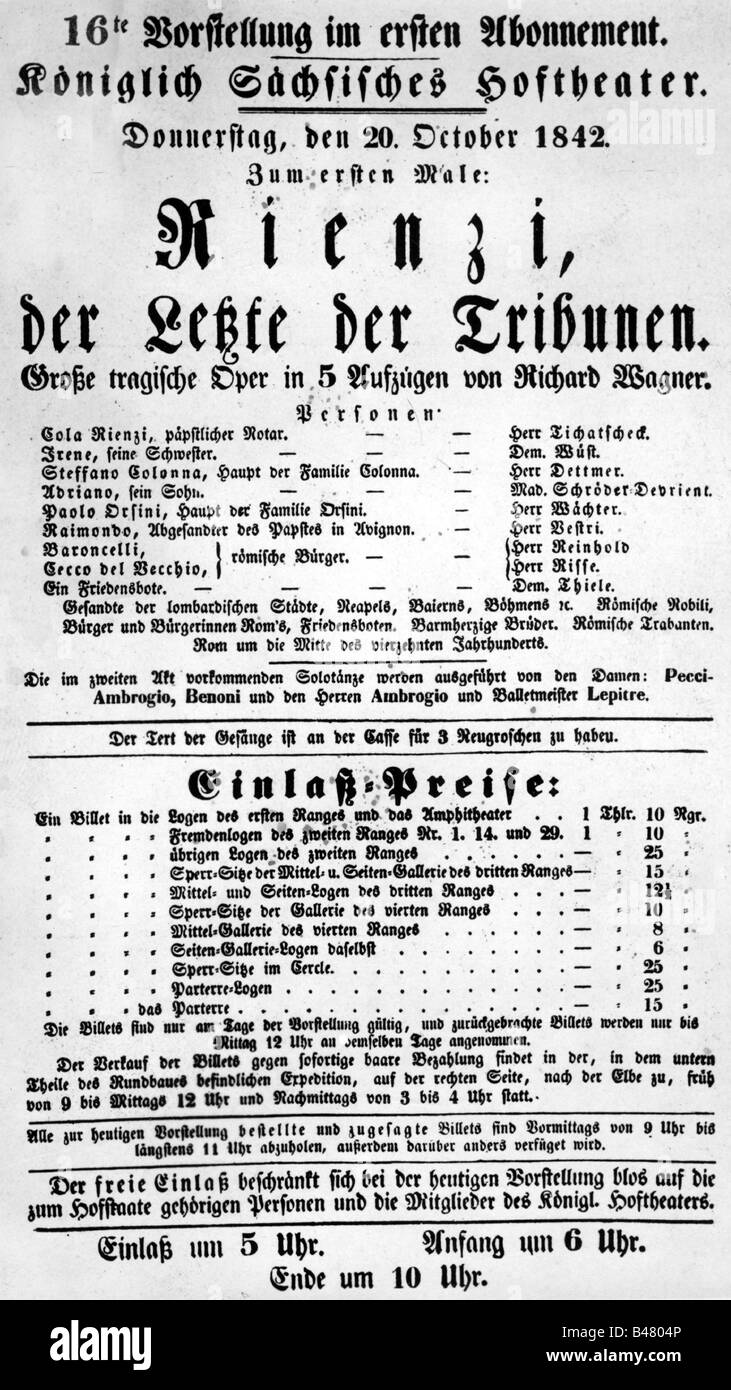 Wagner, Richard, 22.5.1313 - 13.2.1883, deutscher Komponist, Werke, Oper "Rienzi das letzte der Tribunen" ('Rienzi, der Lette der Tribunen', Premiere, Dresden, 20.10.1842, Ankündigung, Stockfoto