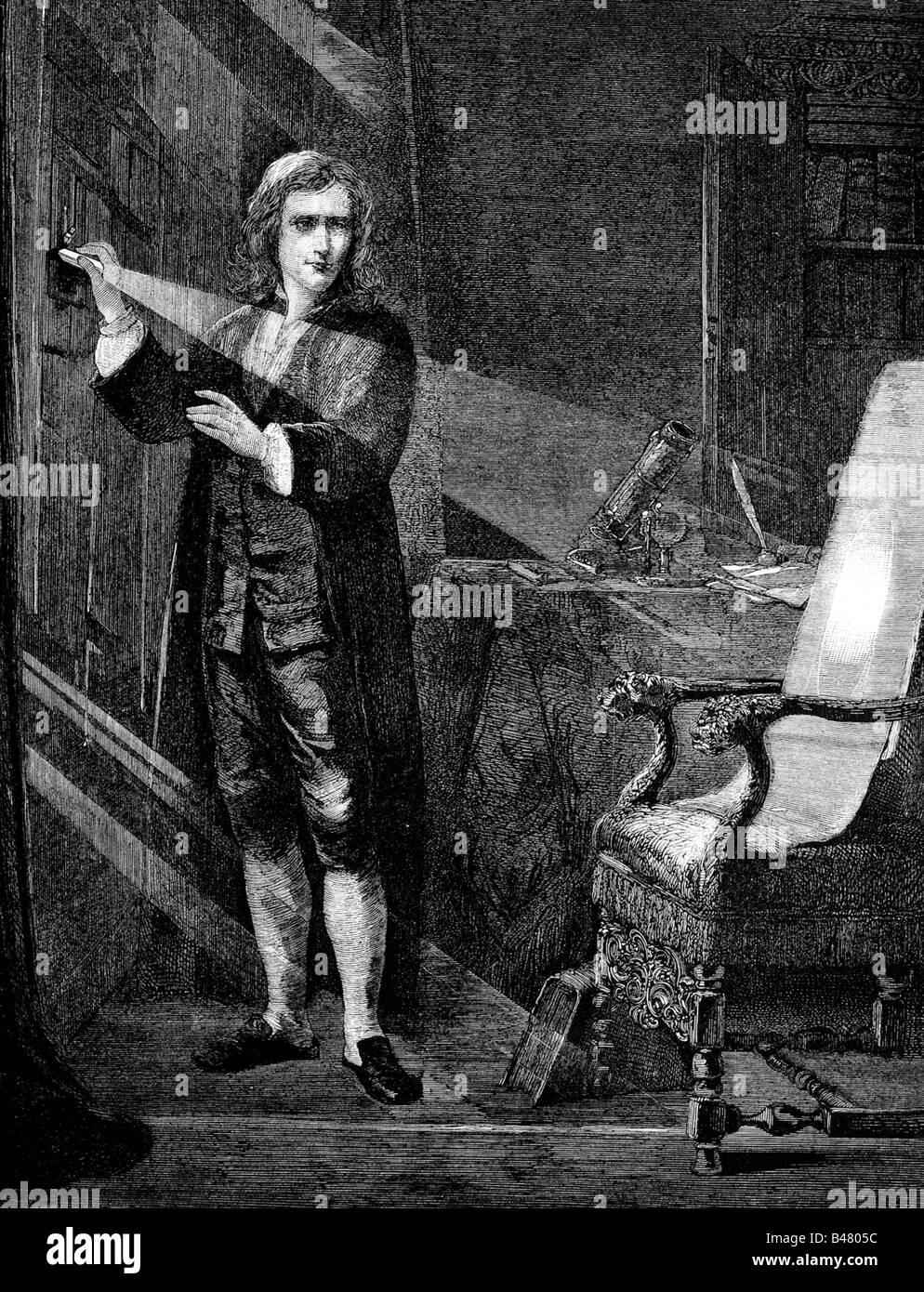 Newton, Isaac Sir, 5.1.1643 - 31.3.1727, britischer Physiker, volle Länge, Untersuchung von Licht, Gravur, 19. Jahrhundert, Stockfoto