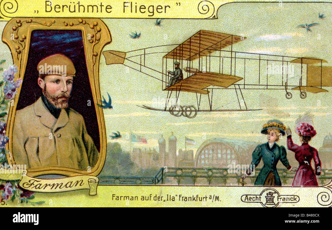 Farman, Henri, 20.5.1874 - 18.7.1958, französischer Flieger, mit seinem Flugzeug Voisin-Farman I auf der Internationalen Luftfahrtausstellung, Frankfurt am Main, im Jahr 1909, Werbung, Aecht Franck Cichorienkaffee, ca. 1910, Stockfoto