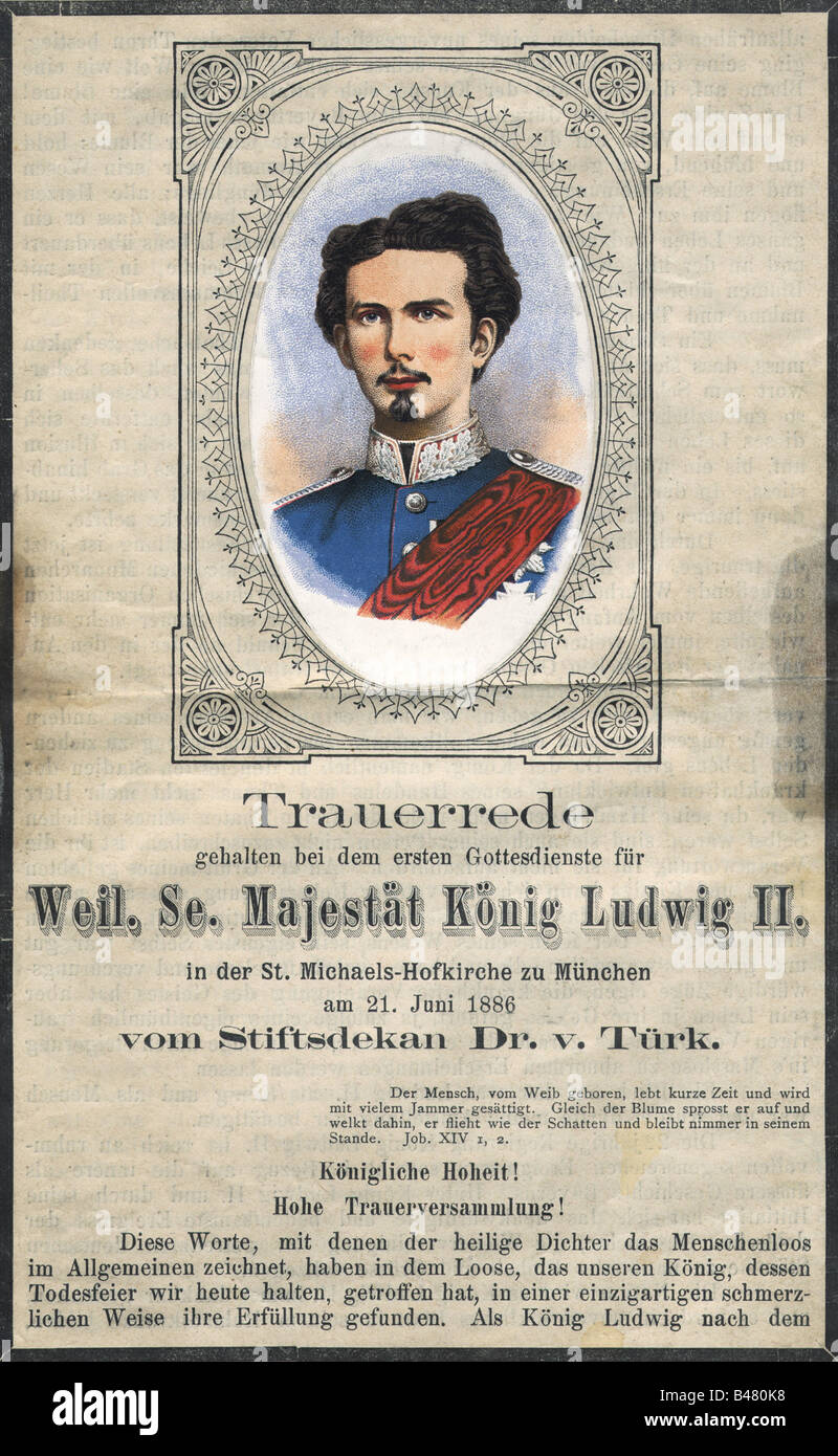 Louis II., 25.8.1845 - 13.6.1886, König von Bayern 10.3.1864 - 13.6.1886, Tod, ausgelegt, Holzgravur, Zeichnung von Henry Albrecht, 1886, Stockfoto