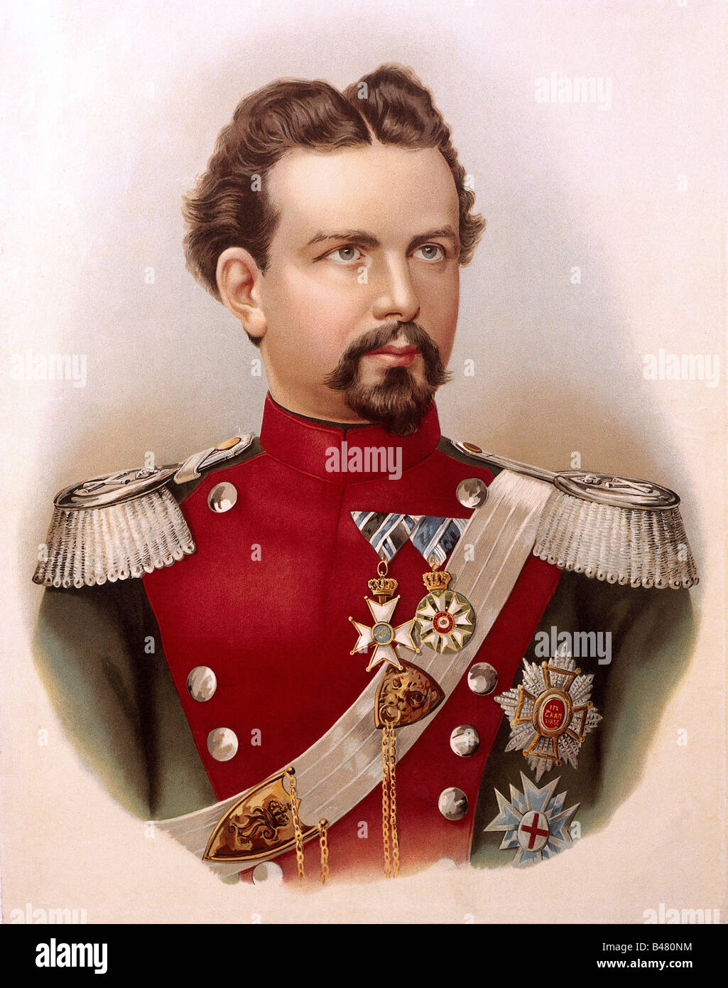 Ludwig II., 25.8.1845 - 13.6.1886, König von Bayern 10.3.1864 - 13.6.1886, Porträt, Uniform des Cheveauleger-Regiments, lithograph, 19. Jahrhundert, Stockfoto