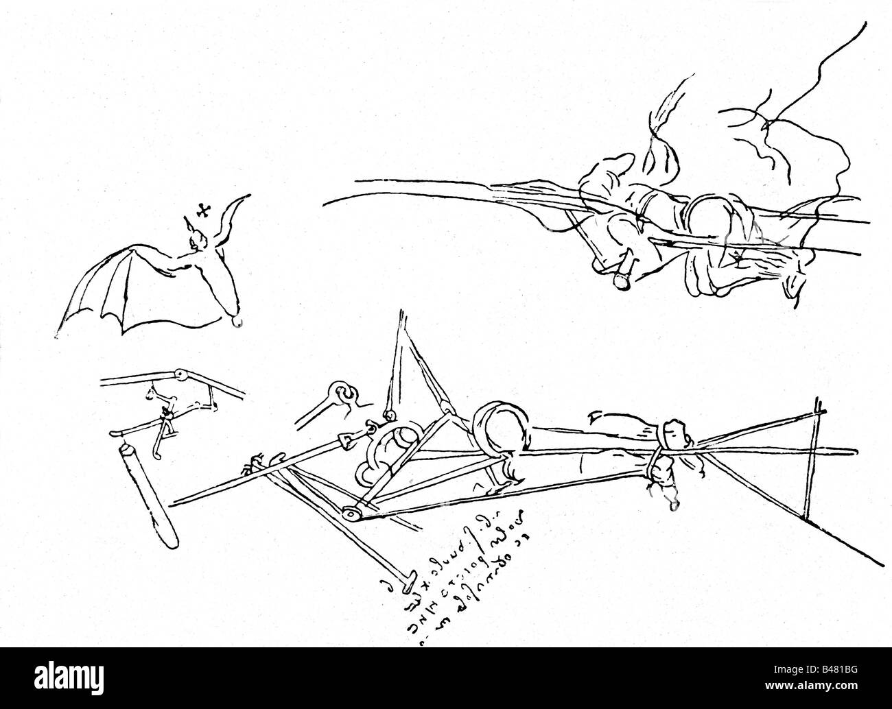 Leonardo da Vinci, 15.4.1452 - 2.5.1519, italienischer Maler & Bildhauer, Arbeiten, Skizzen für eine fliegende Maschine, Zeichnung, Skizze, Luftfahrt, Technik, bildende Kunst, Renaissance, Stockfoto