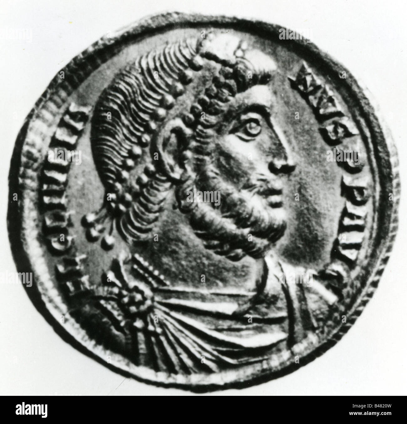 Julianus, Flavius Claudius, genannt 'The Apostate', 331 - 26.3.363 n. Chr., römischer Kaiser 361 - 363 n. Chr., Porträt, Seitenansicht, Münze, Stockfoto