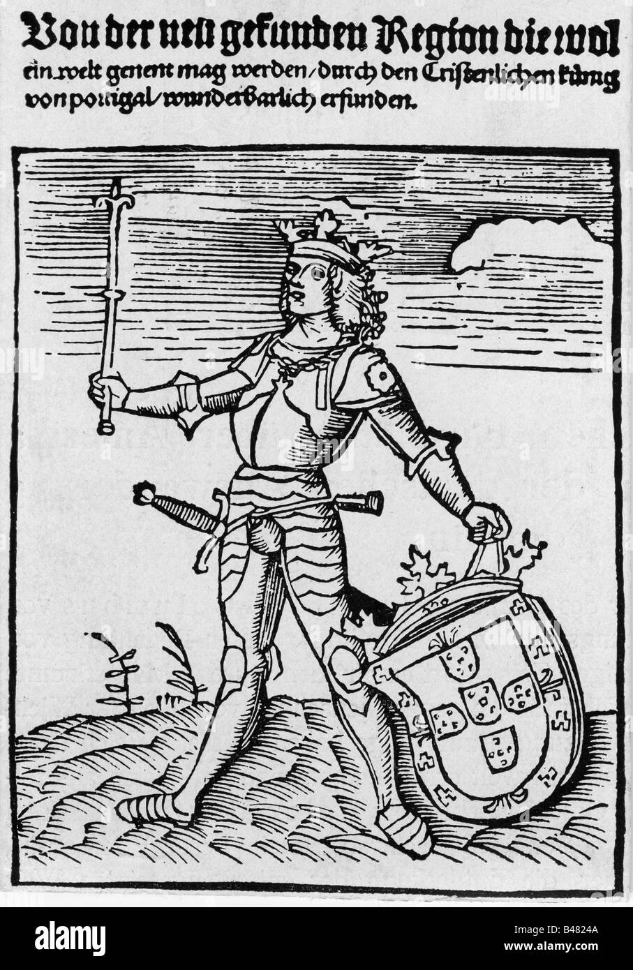 Manuel I., 31.5.1469 - 13 12.1521, König von Portugal 25.10.1495 - 13.12.1521, volle Länge, Titel des "Musdus Novus" von Americo Vespucci, erste deutsche Ausgabe, ca. 1504, Stockfoto