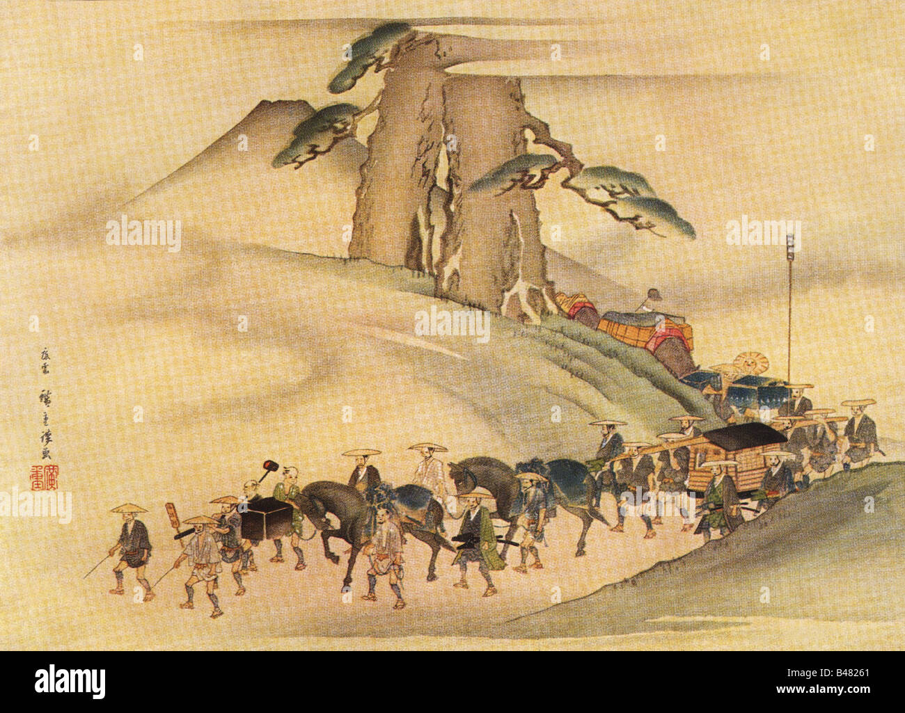 Geographie/Reise, Japan, Menschen, Karawane von Daiymo, Druck nach Malerei von Ando Hiroshige, Kaiserliches Museum Tokio, historisch, historisch, Asien, Adel, königlicher Haushalt, Edo-Zeit, Landschaft, Ukiyo, Ukijo, Straße, Verkehr, Stockfoto