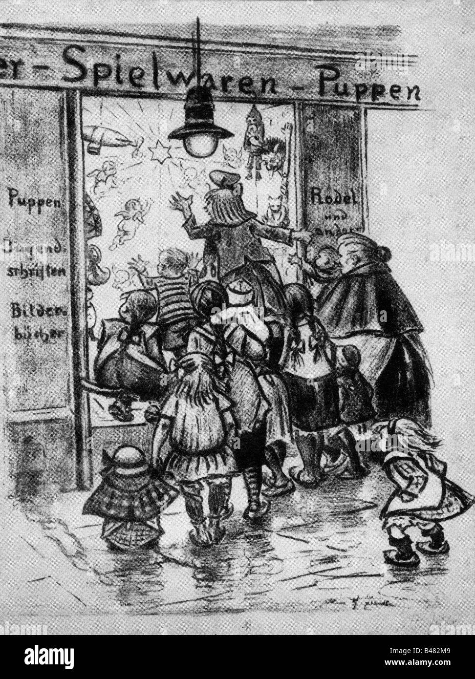 Weihnachten, weihnachtseinkäufe, "Vor dem Weinachtsladen", Karikatur von Heinrich Zille, lithograph, 1925, Stockfoto