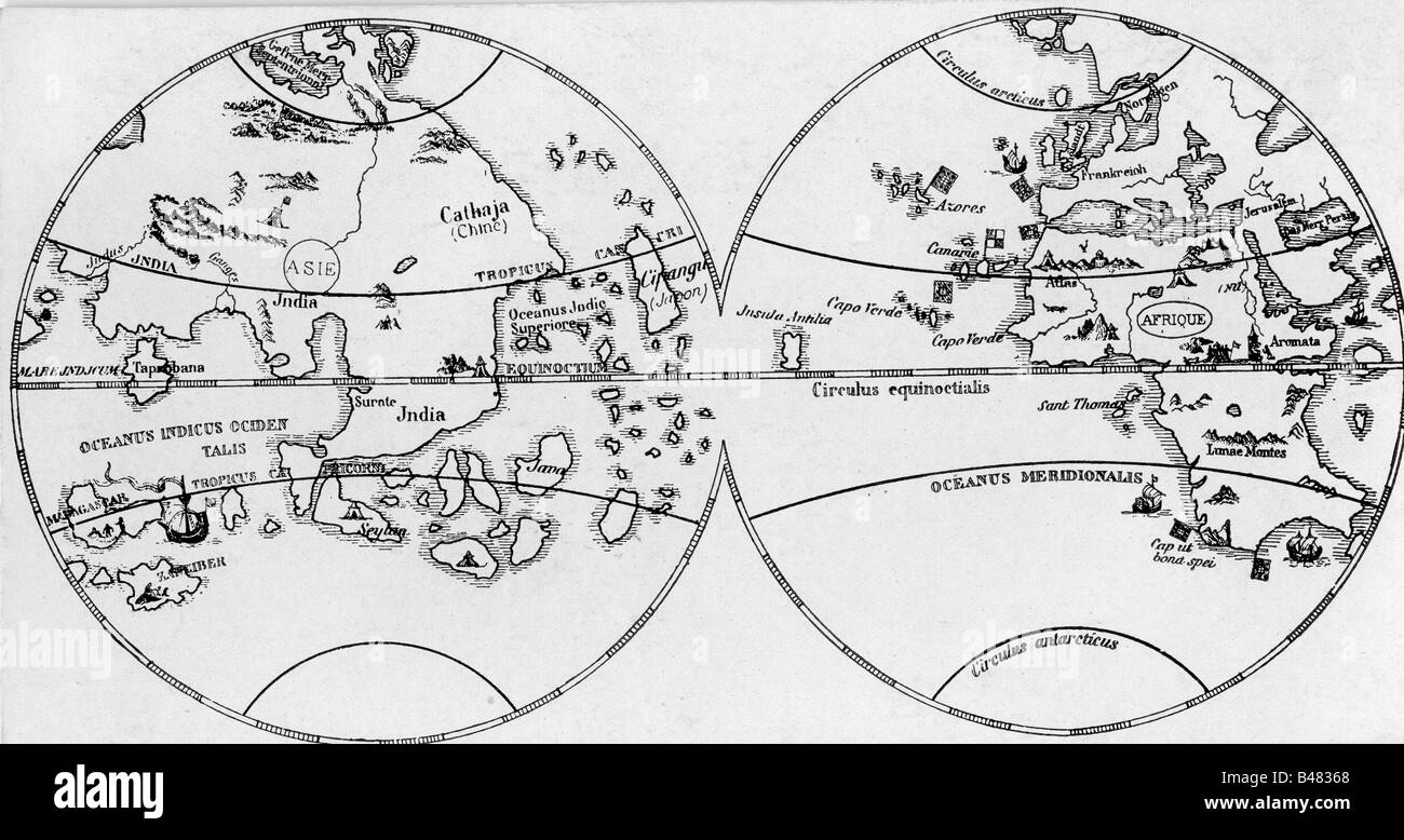 Cartoraphe, Weltkarten, Karte nach Globus von Martin Behaim, 1492, Stockfoto