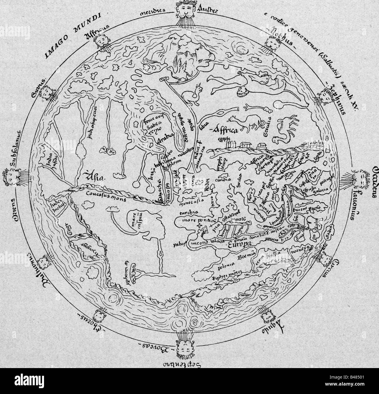 Kartografie, Weltkarten, Karte aus einem Sallust Kodex, 15. Jahrhundert, Kontinente, Afrika, Asien, Europa, historisch, historisch, Mittelalter, Stockfoto