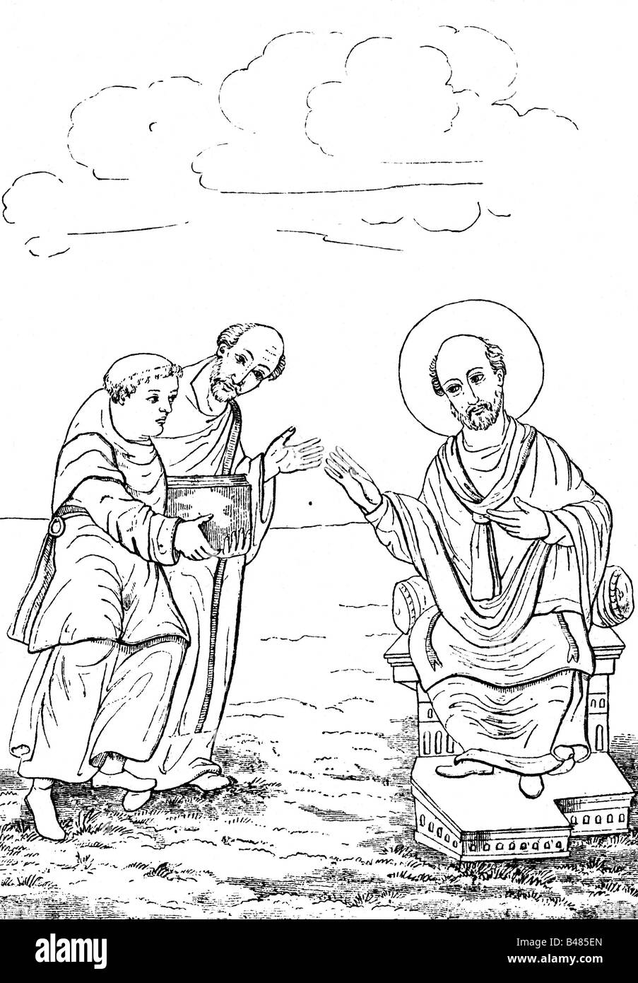 Rabanus Maurus, 780 - 4.2.856, deutscher Geistlicher, Erzbischof von Mainz 847 - 856, predigt zusammen mit Alkuin sein Werk "de laudibus sanctae crucis" (814) an Bischof Otgar von Mainz, nach Ministre ziehend, ca. 830/840, Stockfoto