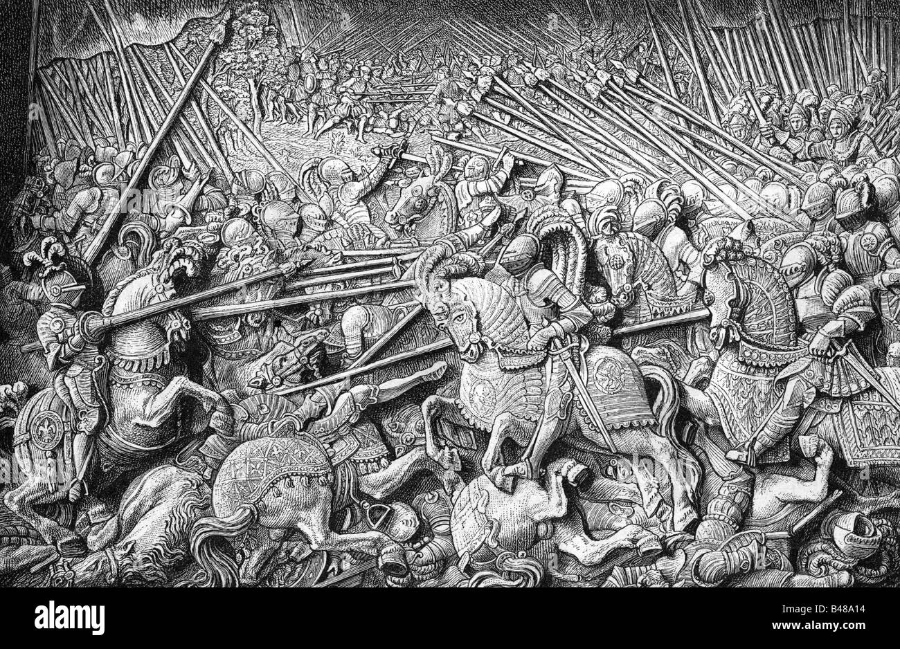 Mittelalterzeit, Krieg, Schlacht bei Guinegatte 16.8.1513, Sieg der Imperialen und Engländer gegen den Franzosen, Holzgravur nach Alabasterbrett von A. Colin 1561 / 1566, Grab von Maximilian, Innsbruck, historisch, historisch, Mittelalter, Mittelalter, Menschen, Stockfoto