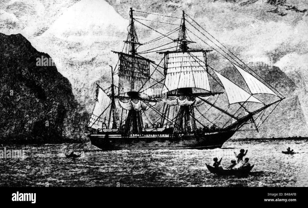 Darwin, Charles Robert, 12.2.1809 - 19.4.1882, britischer Naturforscher, sein Vermessungsschiff "HMS Beagle" in der Straße von Magellan, Expedition der Jahre 1838/26, Stockfoto
