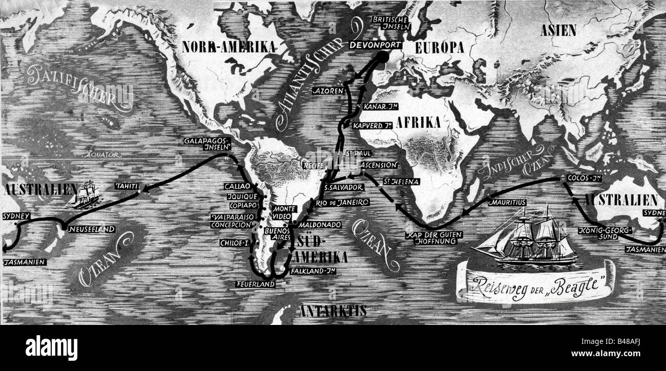 Darwin, Charles Robert, 12.2.1809 - 19.4.1882, britischer Naturforscher, Reiseroute der "HMS Beagle", auf einer Weltkarte dargestellt, Expedition der Jahre von 1831 bis 1834, Stockfoto