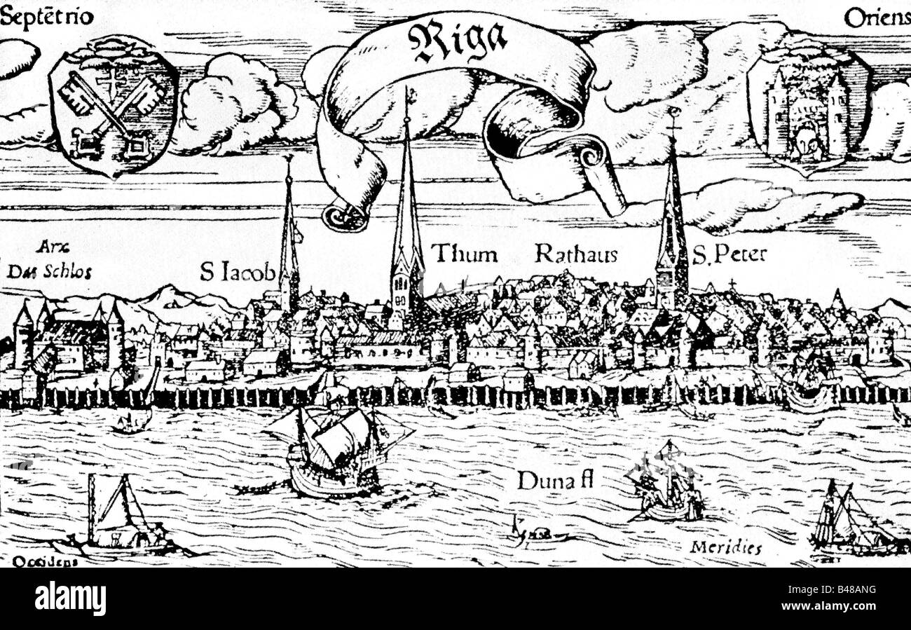 Geographie/Reise, Lettland, Riga, Stadtansichten/Stadtansichten, Holzschnitt, ca. 1540, historisch, historisch, Europa, 16. Jahrhundert, gegründet von deutschen Kaufleuten unter Bischof Adalbert von Livland 1201, seit 1255 archibischsprachig, Deutsche Hanse, Hanse City 1282, Freie Kaiserstadt 1561, zu Polen 1582, Fluss, Wappen, Rathaus, Kirche Sankt Jakob & Sankt Peter, Maulwurf, Flussufer, Schiffe, Verkehr, Navigation, Handel, Ostsee, Seehafen, Hafen, Hafen, Ostsee, Menschen, Stockfoto