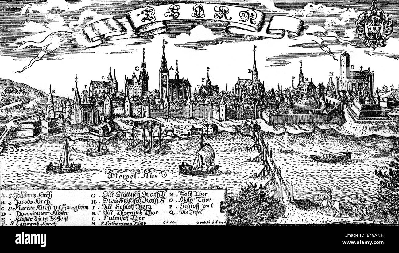 Geographie/Reise, Polen, Torun (Thorn), Stadtansichten/Stadtansichten, Blick über Weichsel, Holzschnitt, 16. Jahrhundert, historisch, historisch, Europa, gegründet von der Deutschen Ordnung 1231, Hanse Stadt, nach Polen 1534, Religionsfreiheit 1588, teutonische Hanse, Geburtsstätte von Nikolaus Kopernikus, Frieden von Torun, Fluss, Kirche, Brücke, Wappen, Handel, Handel, Handel Verkehr, Navigation, Schiffe, Menschen, Stockfoto