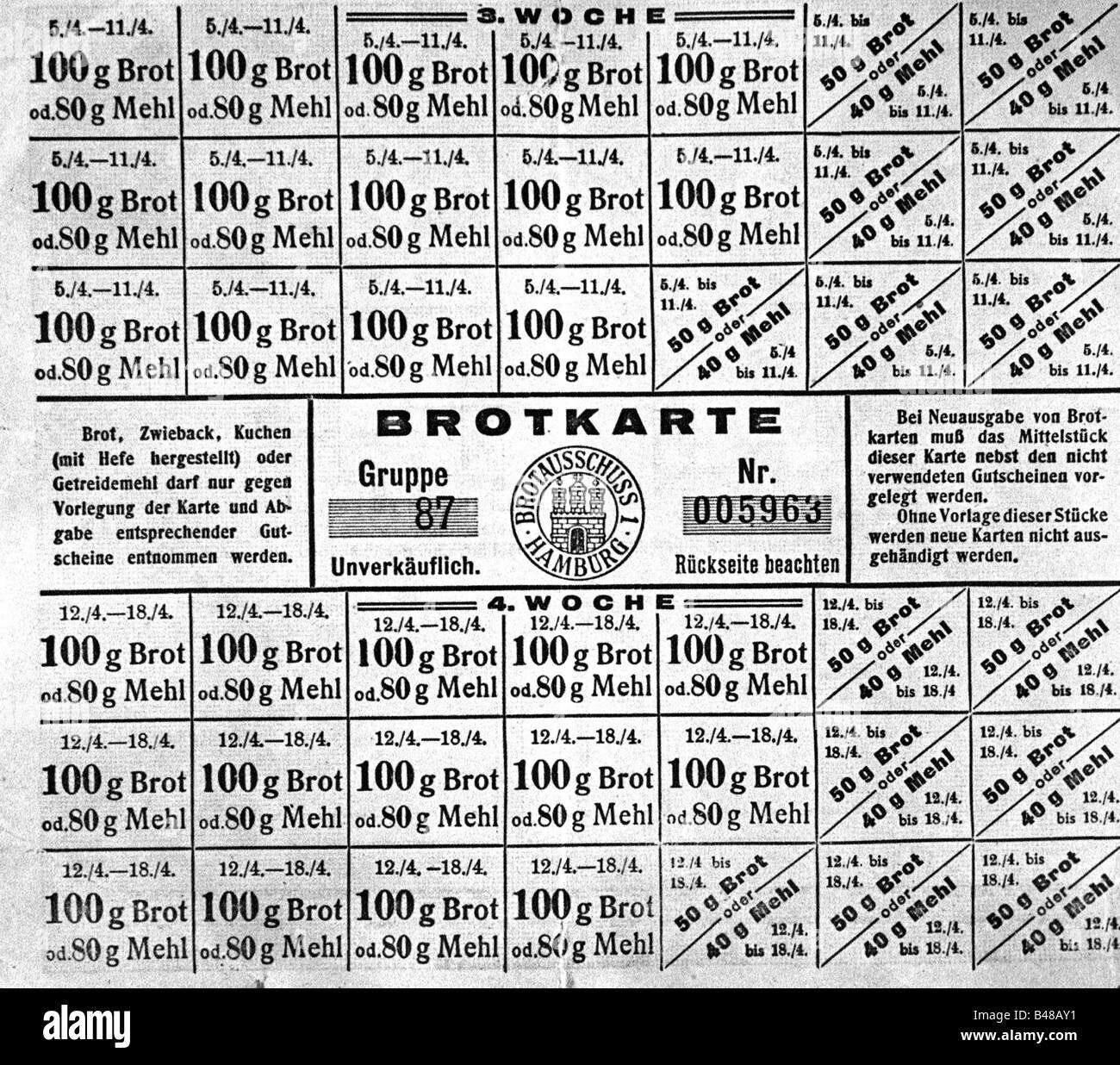 Veranstaltungen, Erster Weltkrieg / erster Weltkrieg, Deutschland, Rationierung von Lebensmitteln, Lebensmittelkarte für Brot, Hamburg, 1918, Stockfoto