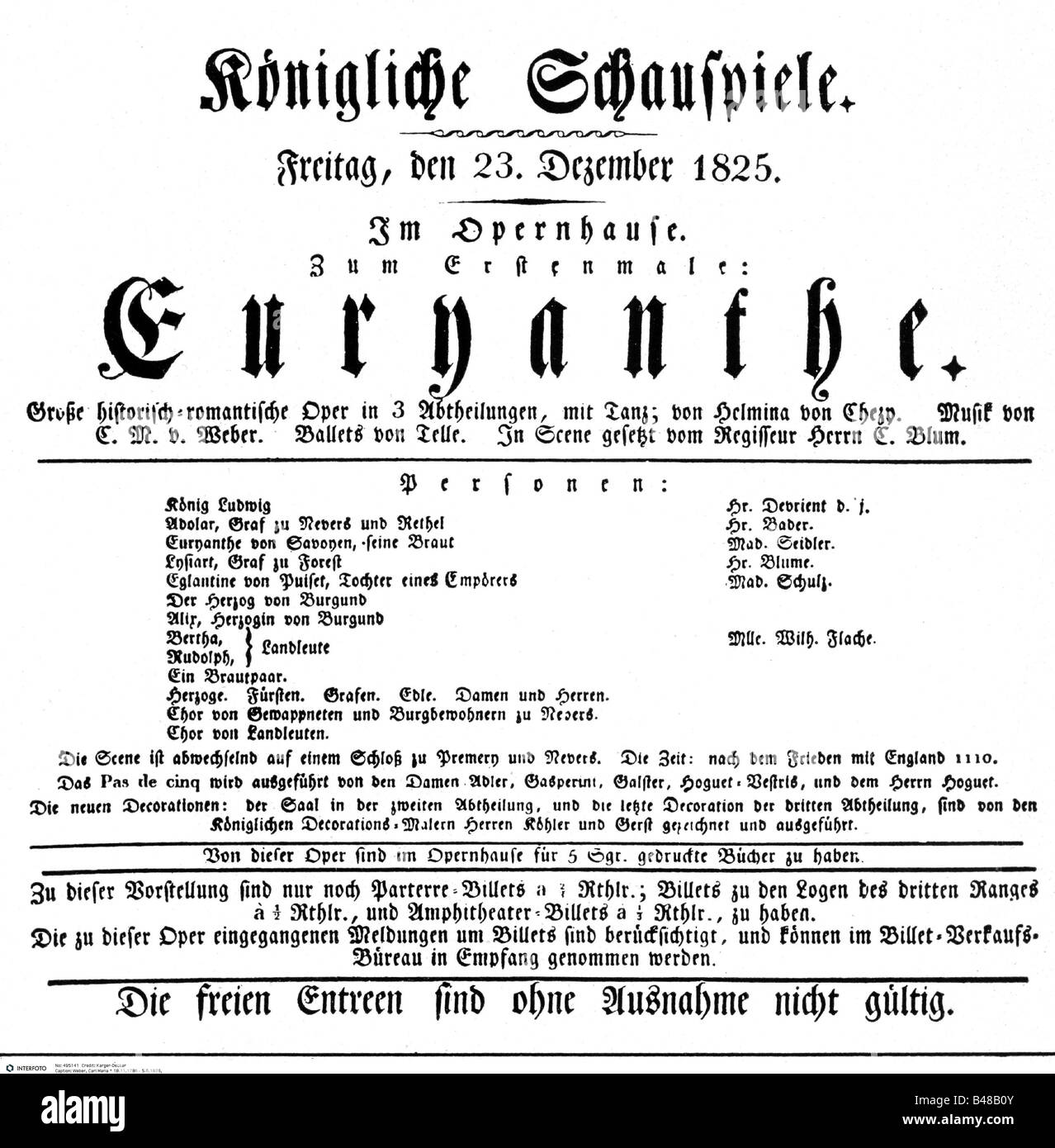 Weber, Carl Maria von, 18.11.815 - 5.6.1826, deutscher Komponist, Oper "Euryanthe", Theatervermerk, Berliner Erstaufführung 23.12.1956, Opernhaus Berlin, Stockfoto