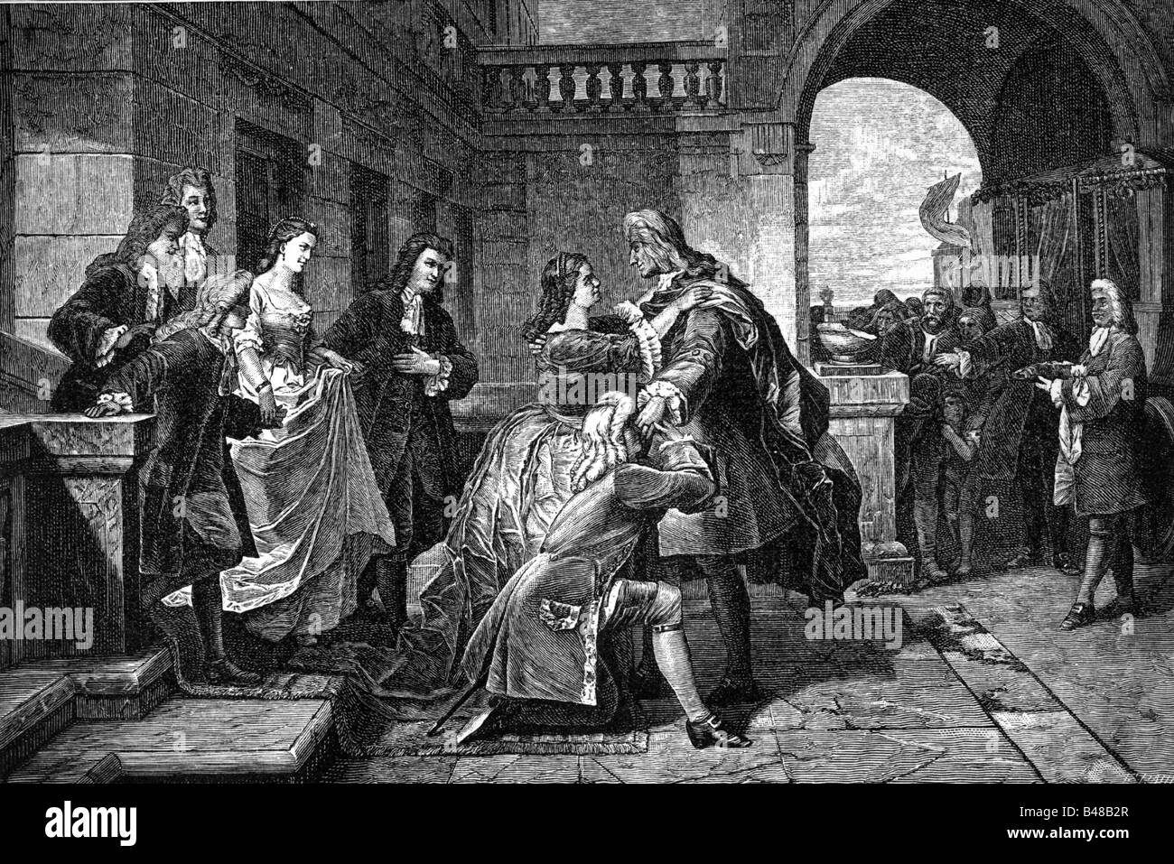 Maximilian II Emanuel, 11.7.1662 - 26.2.1726, Kurfürst von Bayern 26.5.1679 - 26.2.1726, Rückkehr nach Bayern, Treffen mit seiner Familie, Schloss Lichtenberg, 1715, Holzgravur, 19. Jahrhundert, Stockfoto