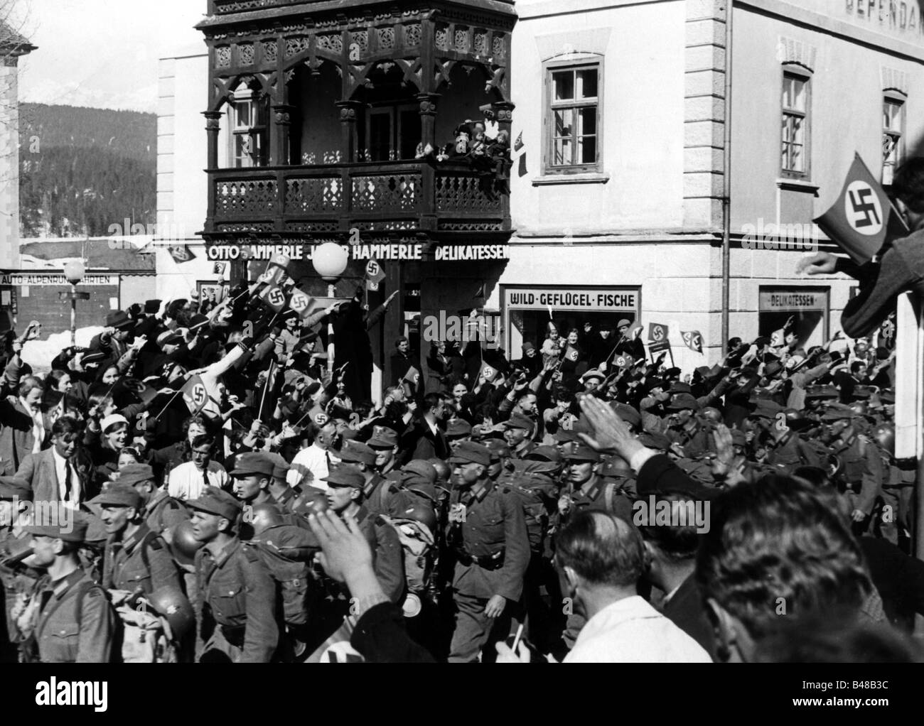 Nationalsozialismus/Nationalsozialismus, Politik, Annektierung Österreichs 1938, Einmarsch der Bundeswehr, 12.3.1938, 1. Gebirgs-Division in Seefeld, Tyrol, Stockfoto