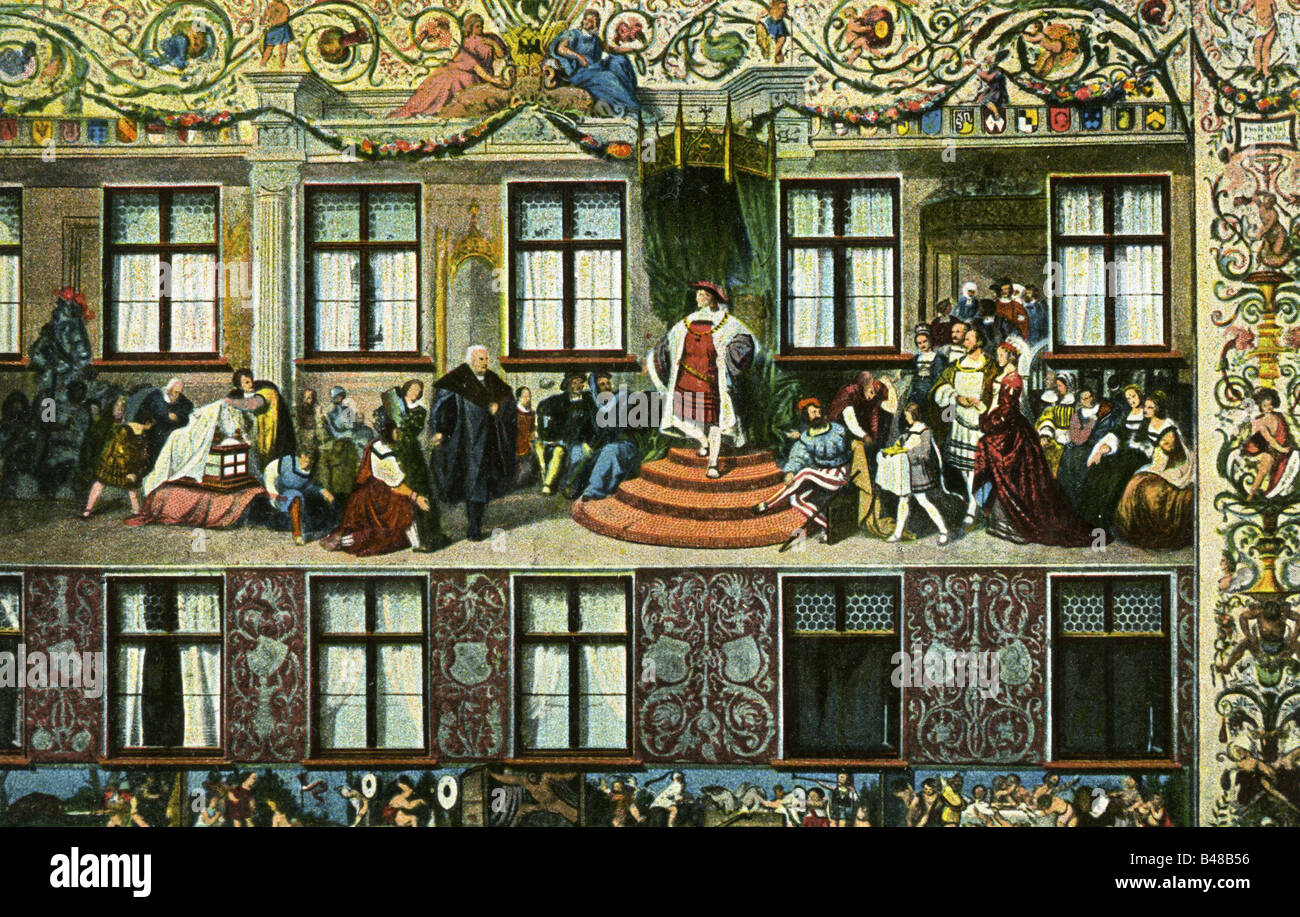 Geografie/Reisen, Deutschland, Städte, Augsburg, Fuggerhäuser (Familienpalast Fugger), Detail, Fresko von Hans Burgkmair (1473 - 1531), Fax: Stockfoto