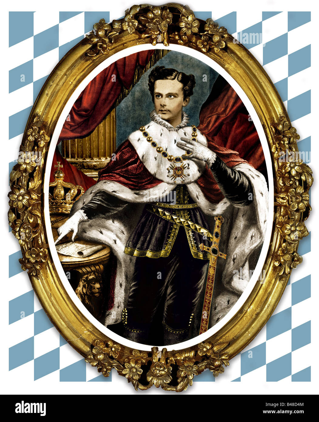 Ludwig II., 25.8.1845 - 13.6.1886, König von Bayern 10.3.1864 - 13.6.1886, halbe Länge, mit einer Kappe bedeckt und im Besitz, nach der lithographischen Darstellung, ca. 1865, später farbig, Stockfoto