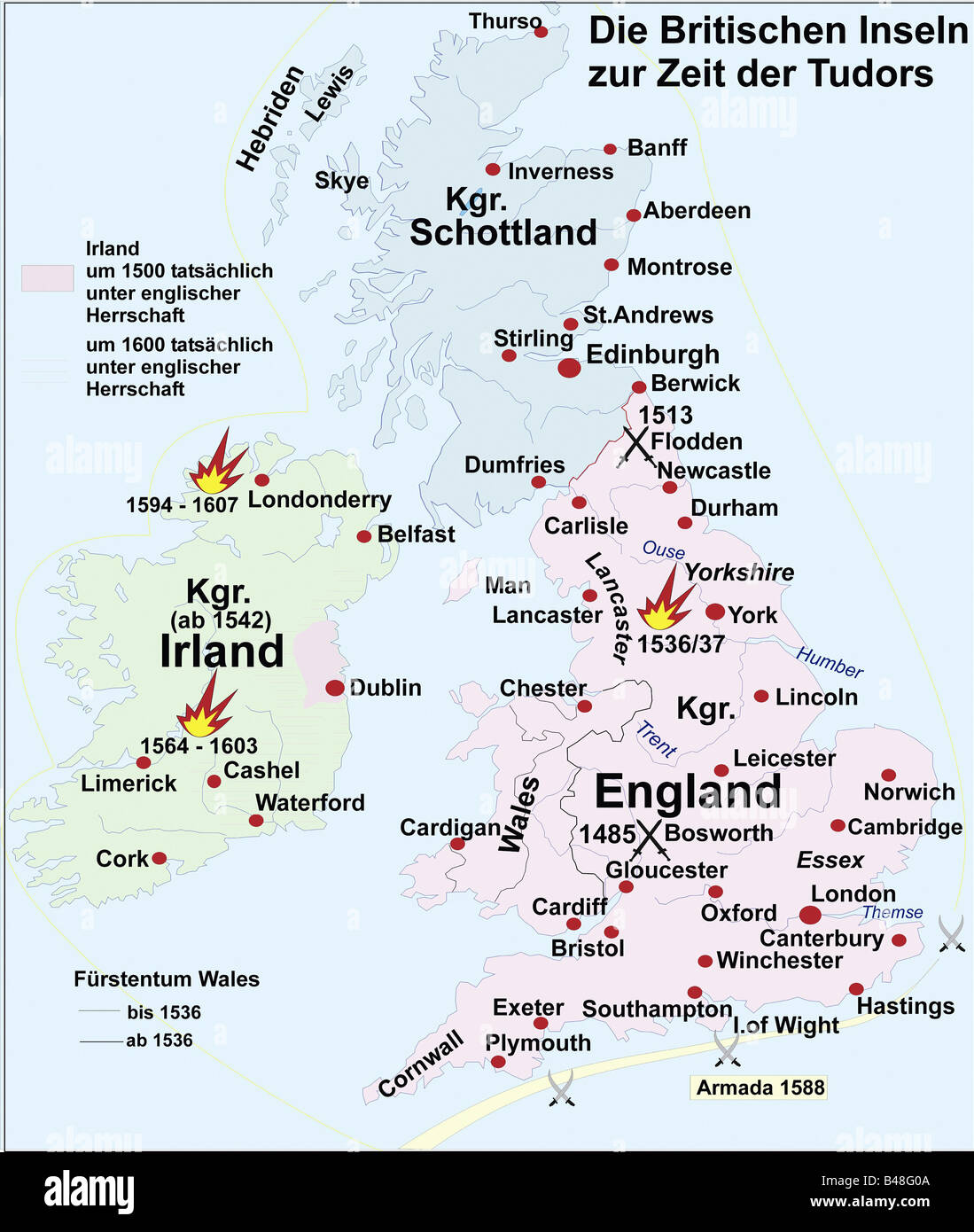 Kartografie, historische Karten, Moderne, britische Inseln zur Zeit der Tudors 1485 - 1603, Stockfoto