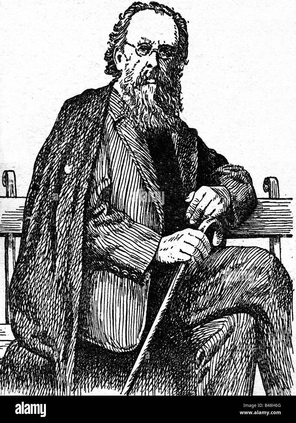 Tsiolkovsky, Konstantin Eduardovich, 17.9.1857 - 19.9.1935, russischer Physiker, Mathematikwissenschaftler und Wissenschaftler, halbe Länge, auf der Bank sitzend, Gravur, nach der Fotografie, Stockfoto