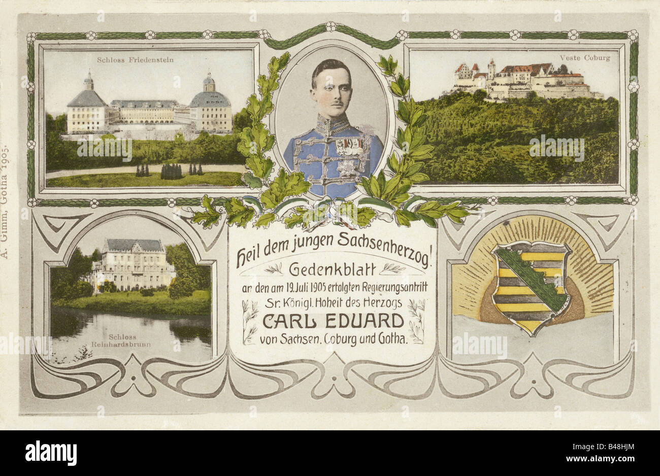 Charles Edward, 19.7.1884-6.3.1954, Herzog von Sachsen-Coburg-Gotha 30.7.1900 - 13.11.1918, Postkarte zu seiner Inguration, 19.7.1905, Stockfoto