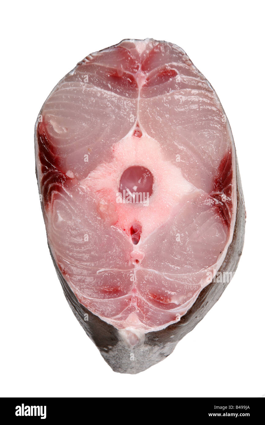 Eine arabische Königsmakrele Steak verjährt auch bekannt als die schmalen spanische Makrele isoliert auf weiss Stockfoto