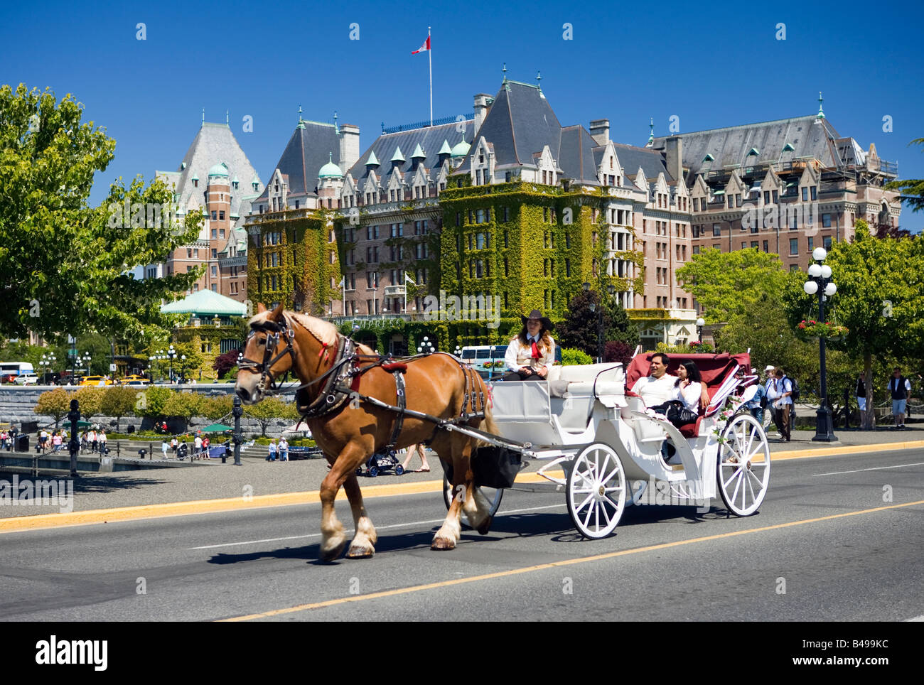 Pferd gezeichneten Wagen vor dem Empress Hotel, Victoria, Vancouver Island, British Columbia, Kanada. Stockfoto