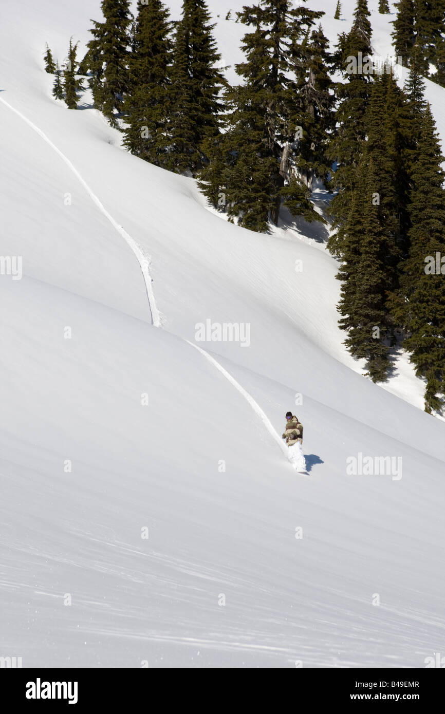 Snowboarder fahren im Tiefschnee in Whistler BC Stockfoto