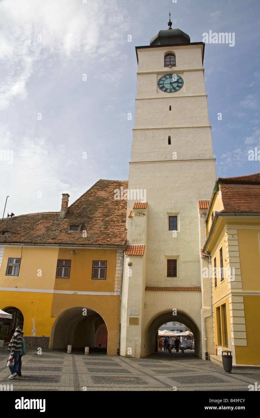 Sibiu Hermannstadt Siebenbürgen Rumänien Europa September Ratturm Turnul Sfatului in Piata Mare, Piata Mica Stockfoto