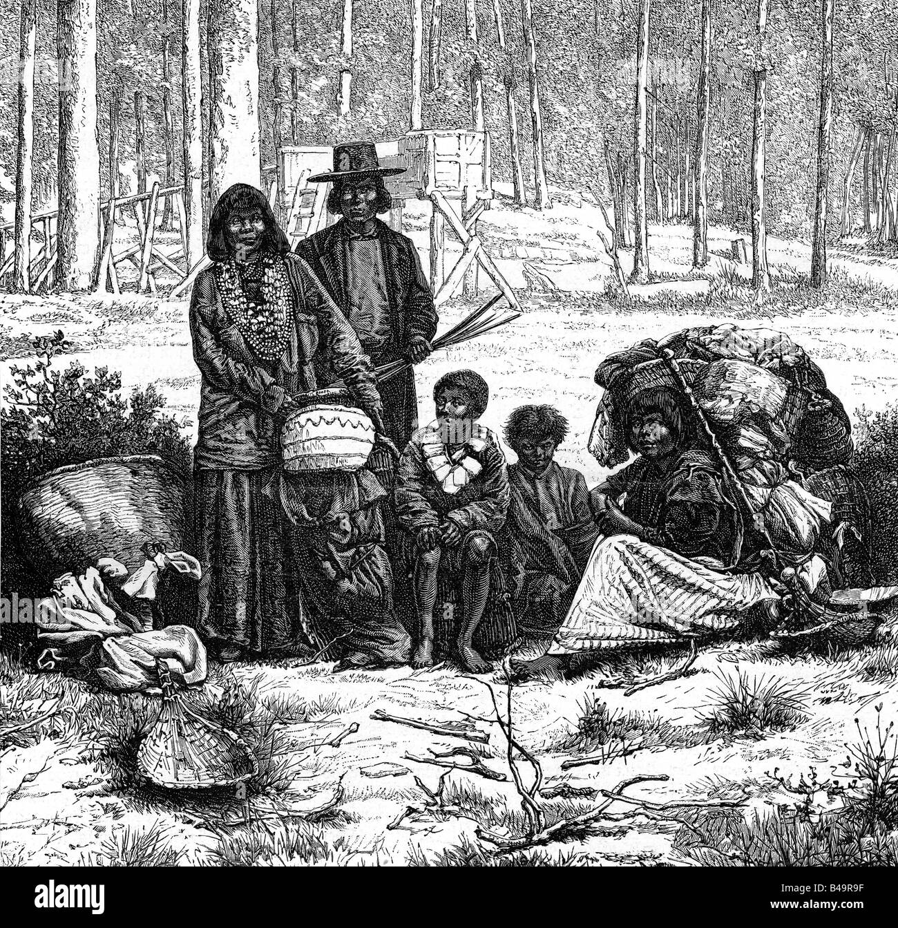Geografie/Reisen, USA, Menschen, amerikanische Ureinwohner, Reservierung, Vertrautmachen in einer Reservierung, Gravur, um 1870, Stockfoto