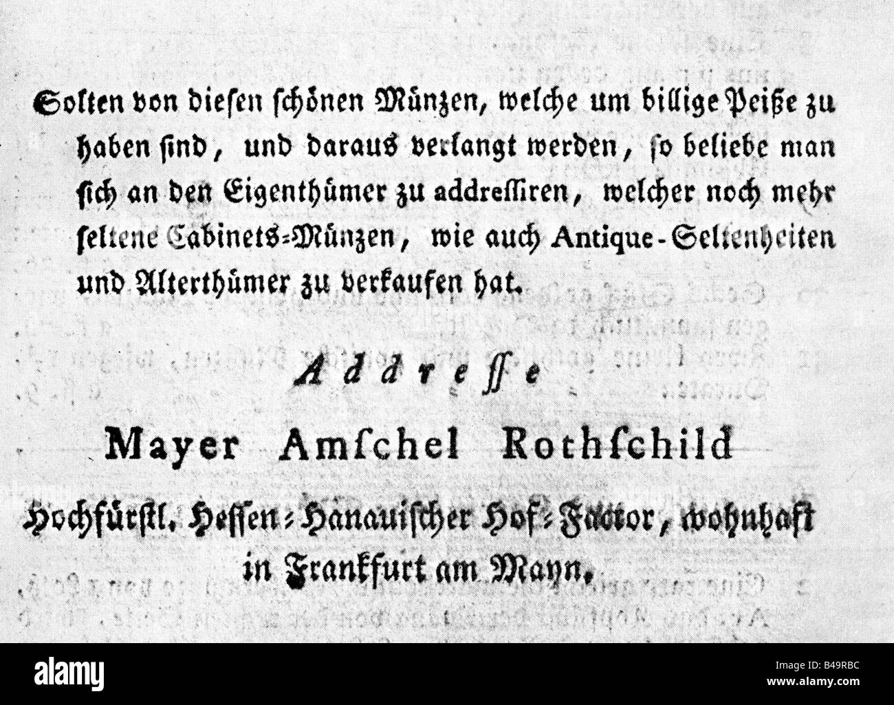 Handel, Kataloge & Flysheets, Katalog der Münzen von Amschel Mayer Rothschild, Frankfurt am Main von ca. Stockfoto