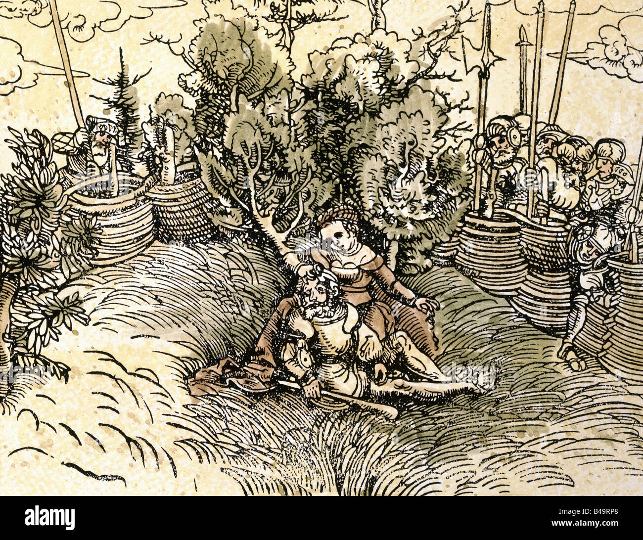 Religion, biblische Szenen, Samson & Delilah, Erfassung von Samson, Holzschnitt, Atelier von Lukas Cranach, gedruckt von Melchior Lotter, Wittenberg 1523, Altes Testament, Buch der Richter, Deutschland, 16. Jahrhundert, Stockfoto