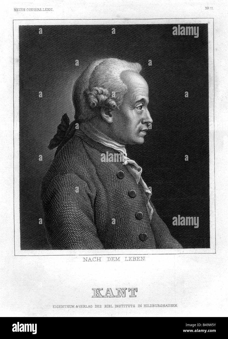 Kant, Immanuel 22.4.1724 - 12.2.1804, deutscher Philosoph, Porträt, Gravieren, Meyers Konversationslexikon, Hildburghausen, 19. Jahrhundert, Deutschland, 18. Jahrhundert, Philosophie, Profil, Seite, Gesicht, Perücke,, Artist's Urheberrecht nicht gelöscht werden Stockfoto