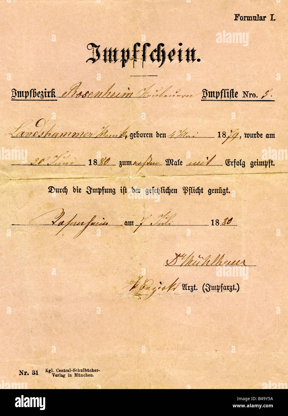 Medizin, Impfung, Impfzeugnis, Erstimpfung für Kinder, Rosenheim, Deutschland, 30.6.1880, Stockfoto