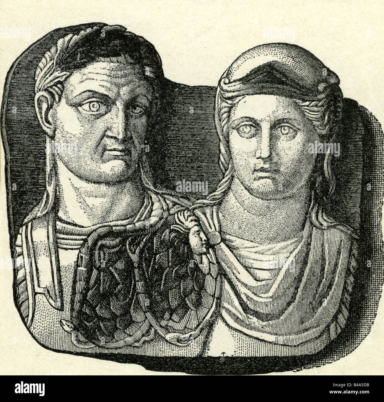 Konstantin I. "der Große" (Flavius Valerius Constantinus) ca. 280 - 2.5.337 n. Chr., römischer Kaiser 25.7.306 - 2.5.337 n. Chr., mit Frau Fausta, Gravur, 19. Jahrhundert, nach Schmuckstein, 4. Jahrhundert, Stockfoto
