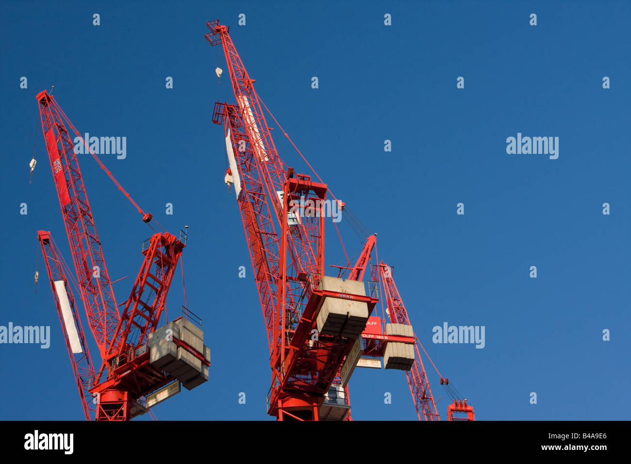 Zwei Kräne gegen ein strahlend blauer Himmel Stockfoto