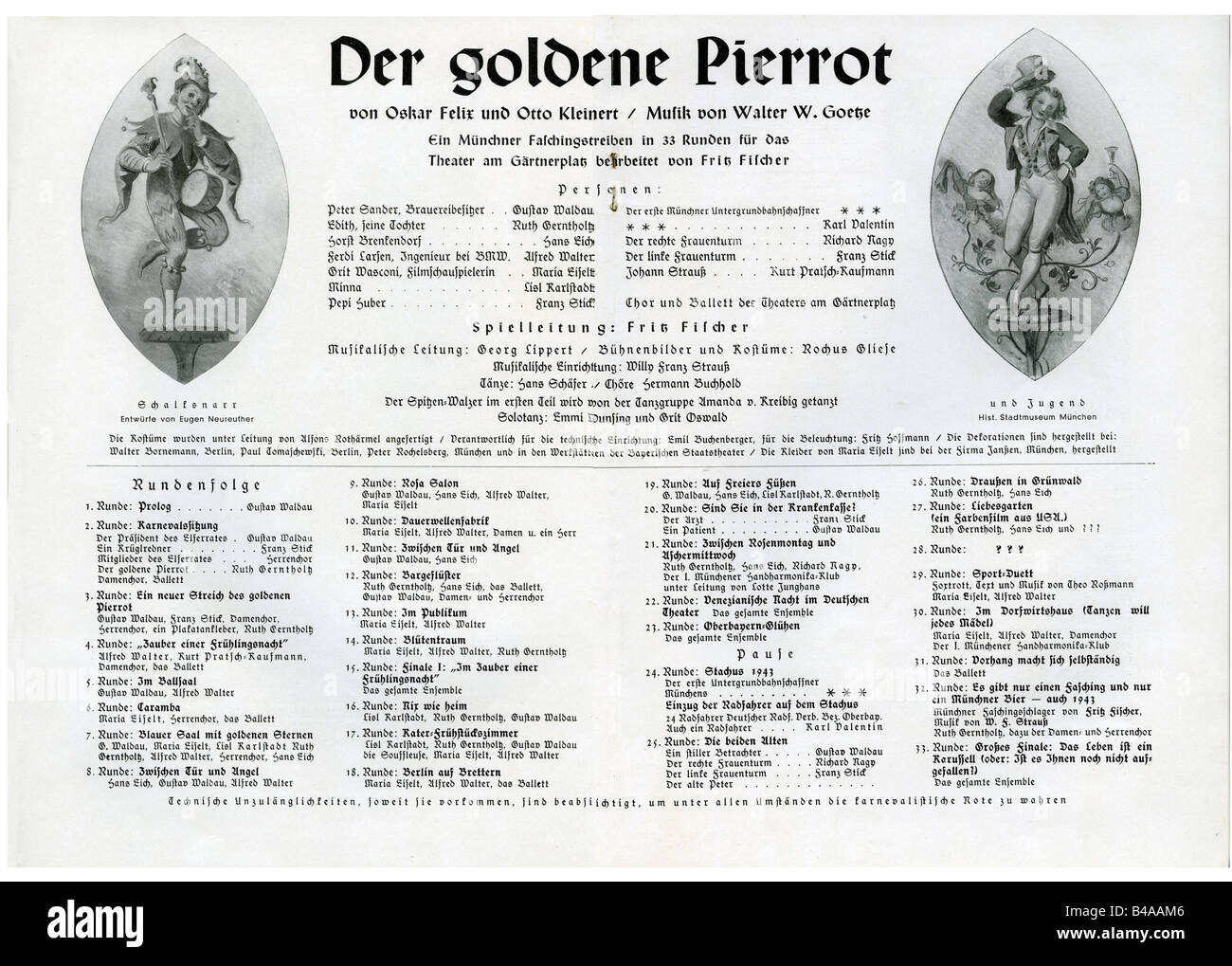 Theater, Operette 'Der goldene Pierrot' von Oskar Felix und Oskar kleiner, Musik von Walter Goetze, Aufführung, Theater am Gärtnerplatz, München, 1943, Programm, Stockfoto